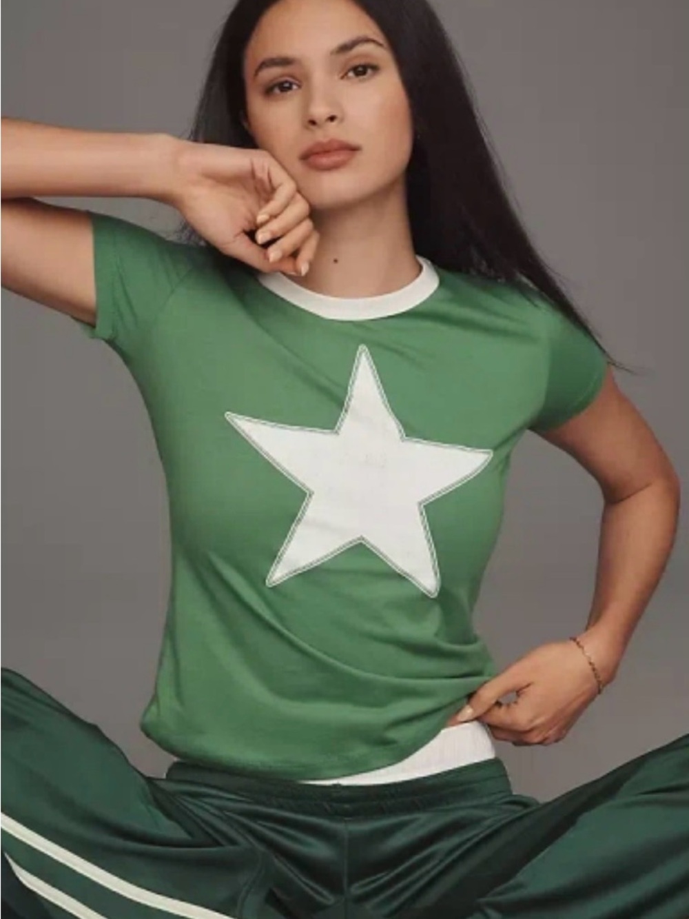 LETLUV by Anthropologie Green Short-Sleeve Star Tee with White Trim